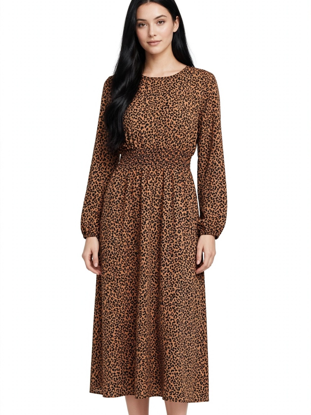 Mackenzie & James Brown Leopard Midi Dress Size M Smocked Waist Long Sleeve